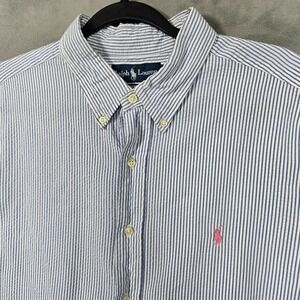 Ralph Lauren Seersucker Shirt Mens XL blue white stripe short sleeve classic fit